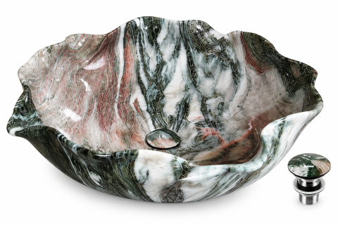 Lavoare Baie - Lavoar Ceramic BisDesign Verde Alb Marmorat Organic 380x380x130 mm cu Ventil Inclus