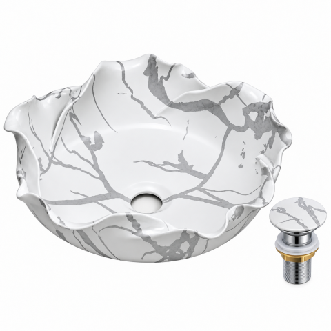 Lavoare Baie - Lavoar Ceramic BisDesign Floral Alb cu Venaturi Gri 400x400x130 mm