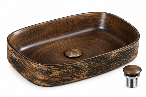 Lavoare Baie - Lavoar Ceramic BisDesign Maro Negru Efect Lemn 450x320x135 mm cu Ventil Inclus