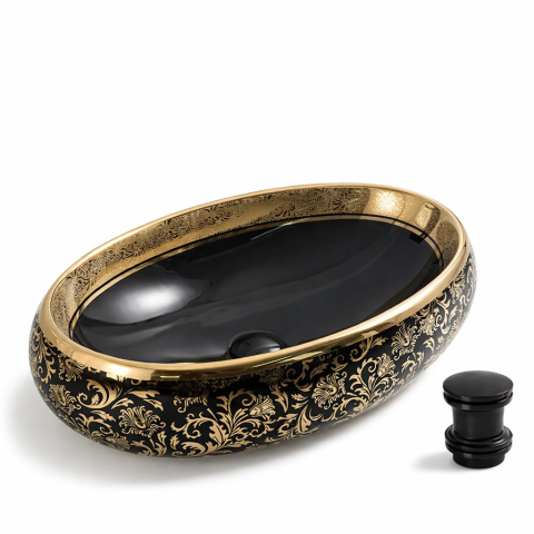 Lavoare Baie - Lavoar chiuveta baie pe blat BisDesign ceramica negru cu decor auriu oval