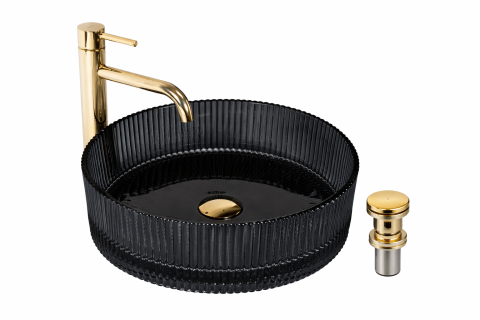 Lavoare Baie - Lavoar chiuveta baie pe blat BisDesign sticla securizata negru fumuriu ventil auriu