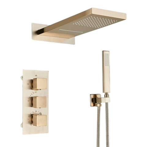 Coloane de Duș și Seturi de Duș - Sistem de Dus Baie BisDesign®, Incastrabil cu Termostat, Functie Cascada si Ploaie, Finisaj Auriu Mat, Para Dus Perete 55x22 cm