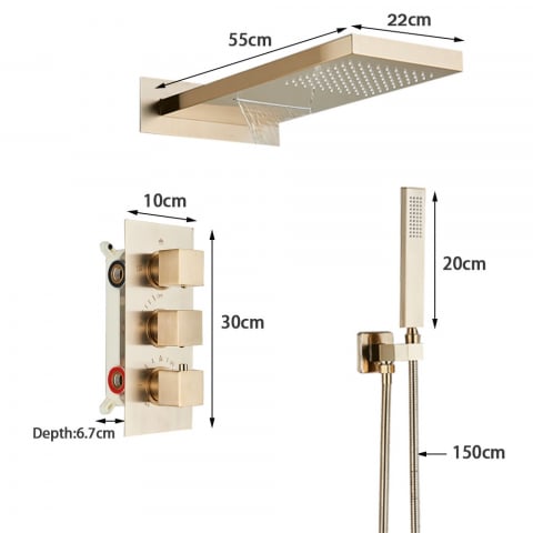 Sistem de Dus Baie BisDesign®, Incastrabil cu Termostat, Functie Cascada si Ploaie, Finisaj Auriu Mat, Para Dus Perete 55x22 cm [9]