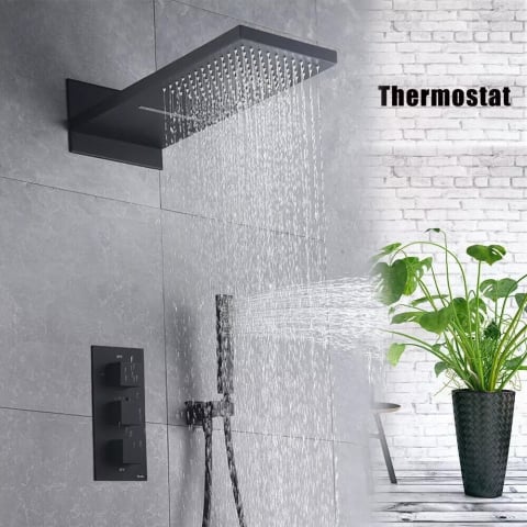 Sistem duș încastrabil negru mat cu termostat, para 55x22 cm și funcție cascadă [2]