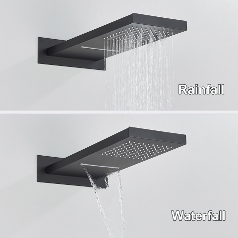 Sistem duș încastrabil negru mat cu termostat, para 55x22 cm și funcție cascadă [7]