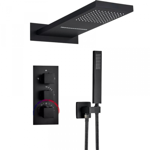 Coloane de Duș și Seturi de Duș - Sistem duș încastrabil negru mat cu termostat, para 55x22 cm și funcție cascadă