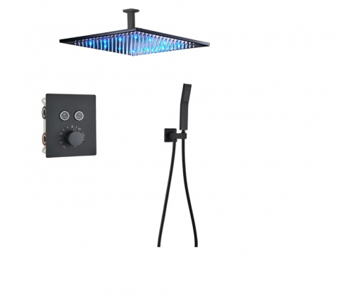 Coloane de Duș și Seturi de Duș - Sistem de duș încastrabil negru mat cu termostat, LED-uri și para rectangulară 40 cm