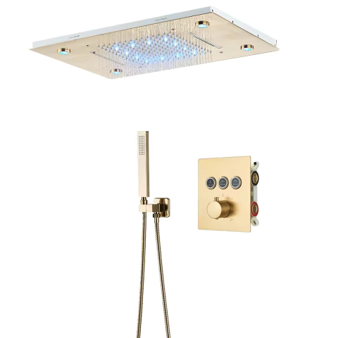 Coloane de Duș și Seturi de Duș - Sistem duș încastrabil auriu mat cu LED, termostat și funcție SPA