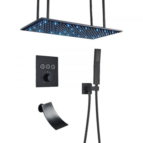 Coloane de Duș și Seturi de Duș - Sistem duș încastrabil negru mat cu termostat, LED și funcție SPA 40x80 cm