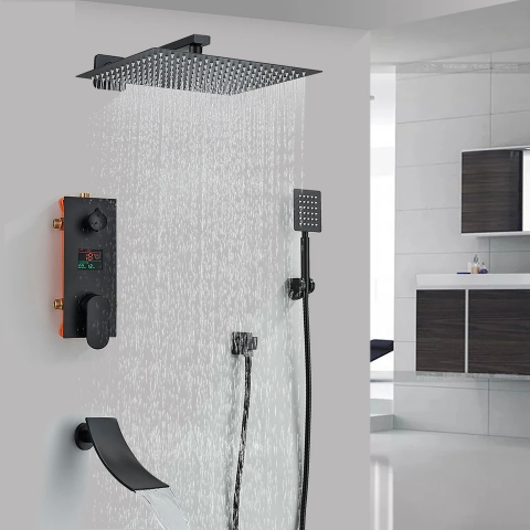 Sistem de duș încastrabil negru mat cu LCD, para 40 cm și funcție cascadă [1]