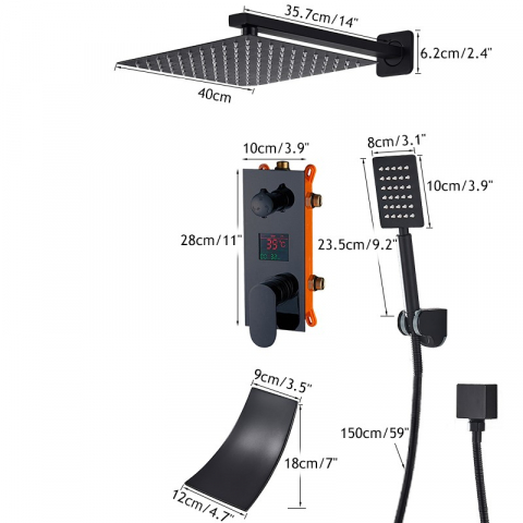 Sistem de duș încastrabil negru mat cu LCD, para 40 cm și funcție cascadă [7]