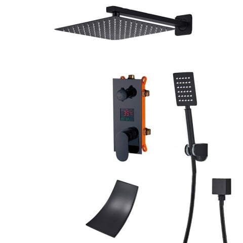 Coloane de Duș și Seturi de Duș - Sistem de duș încastrabil negru mat cu LCD, para 40 cm și funcție cascadă