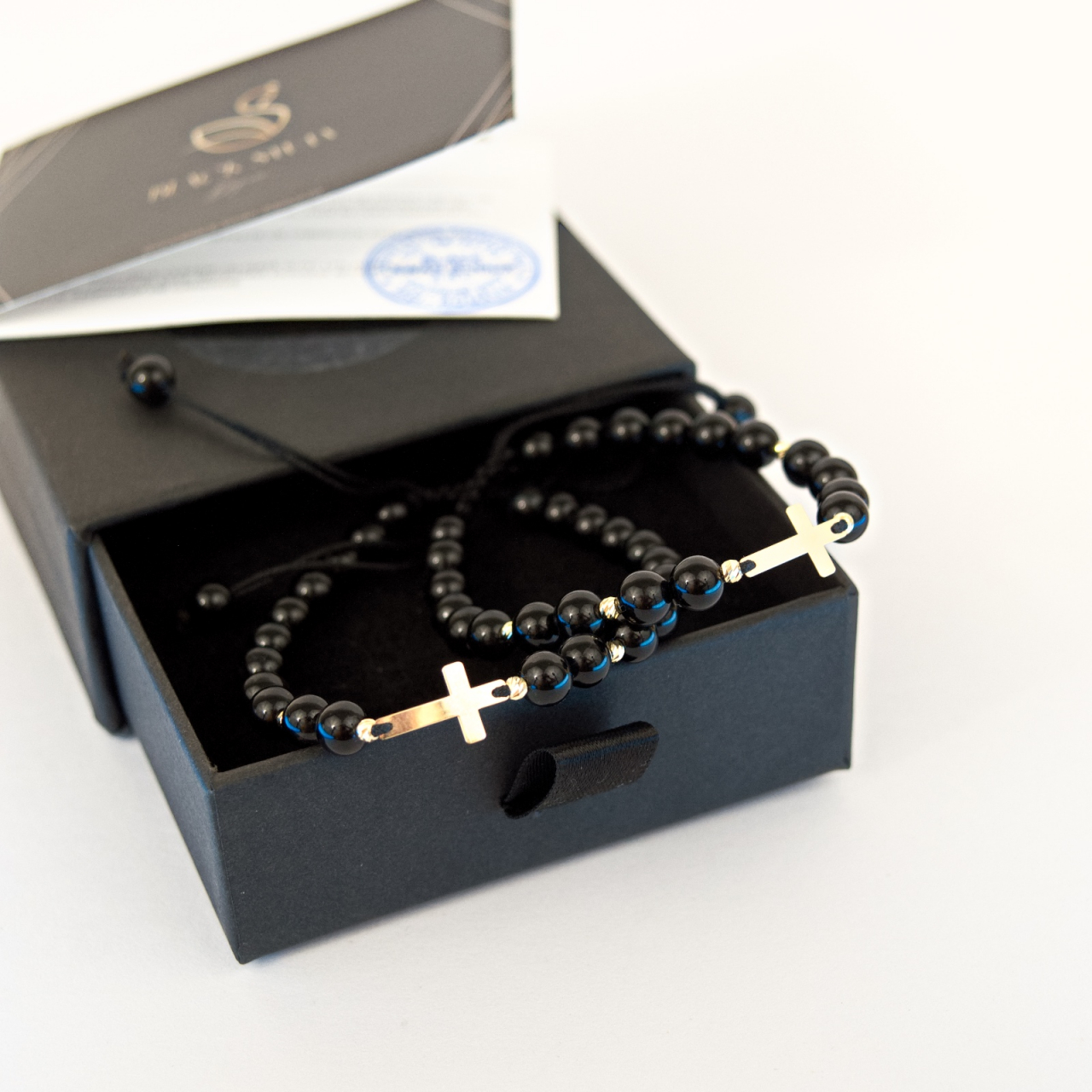 Set bratari cuplu Aur, onix negre, bilute din aur 2.5 mm si cruciulita din aur 14K [7]