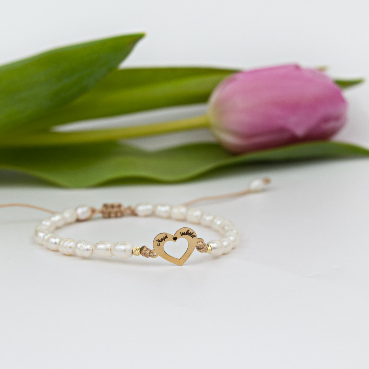 Bratara din perle naturale si inima din aur 14K, bilute aur 2.5 mm - Mesaj gravat  'Nasa iubita!' [2]