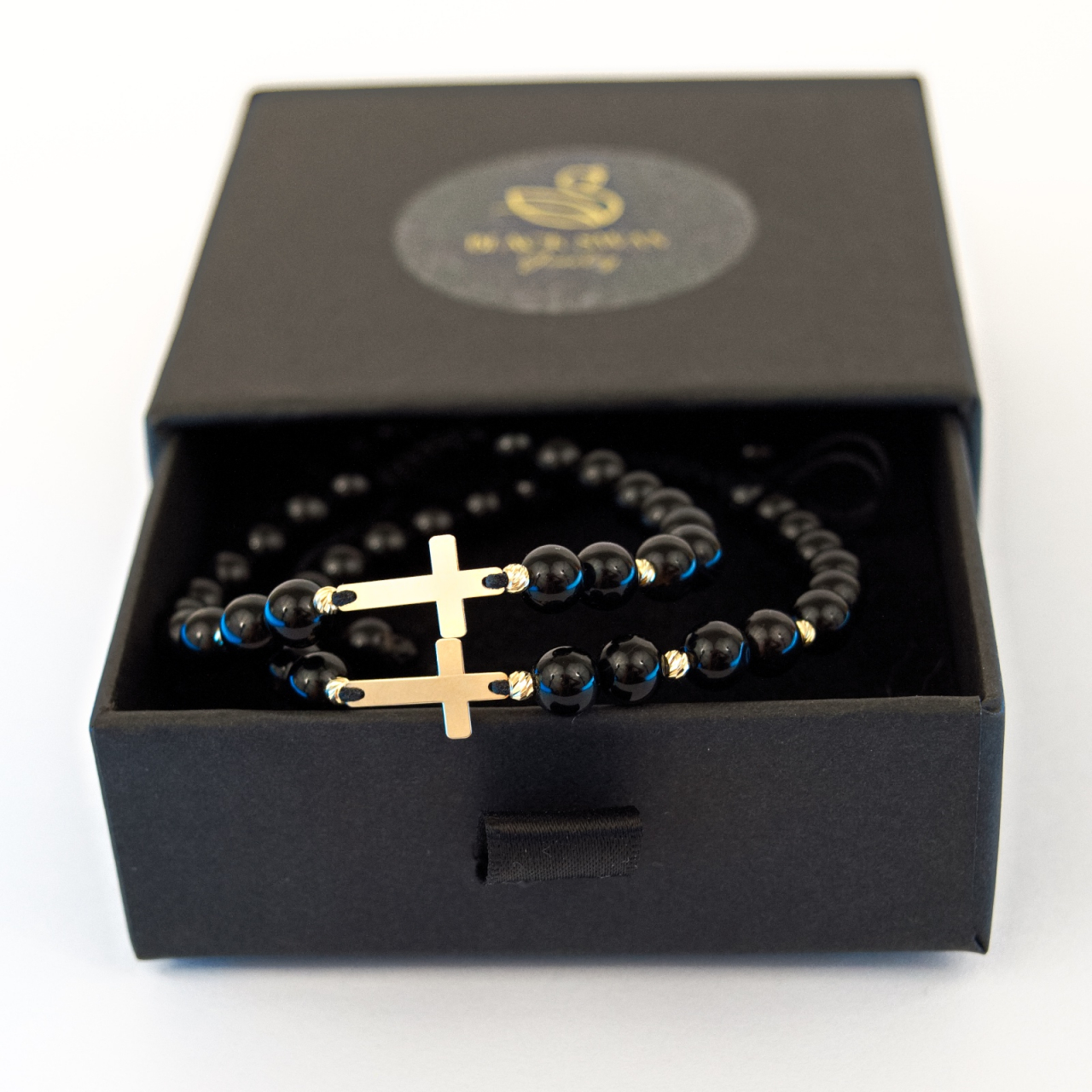 Set bratari cuplu Aur, onix negre, bilute din aur 2.5 mm si cruciulita din aur 14K [5]