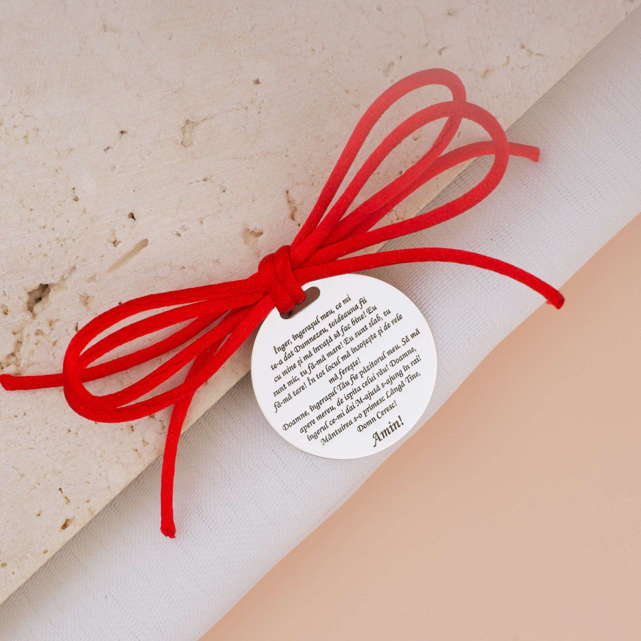 Banut Botez Marturie Argint 925 / Argint placat cu Aur 18K Rugaciune Ingeras pe Verso - Cadou Botez [4]