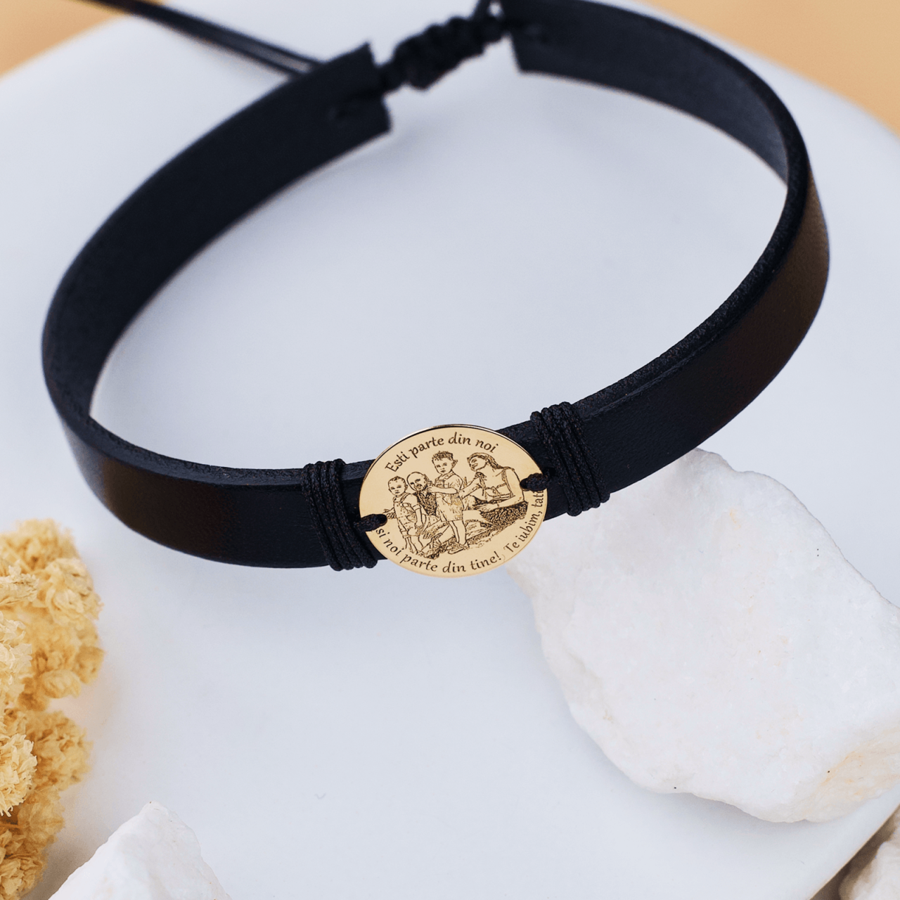 Bratara piele barbati cu banut Aur 14K Fotogravura si Mesaj Text - Banut Aur 14 / 16 mm [3]