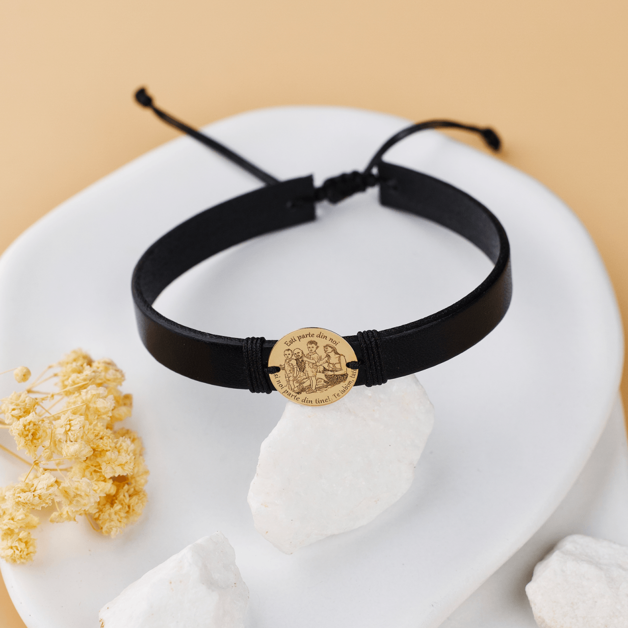 Bratara piele barbati cu banut Aur 14K Fotogravura si Mesaj Text - Banut Aur 14 / 16 mm [4]