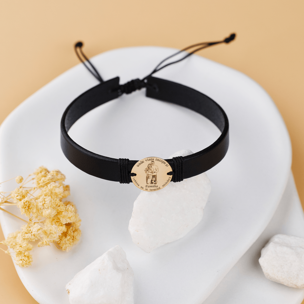 Bratara piele barbati cu banut Aur 14K Fotogravura si Mesaj Text - Banut Aur 14 / 16 mm [5]