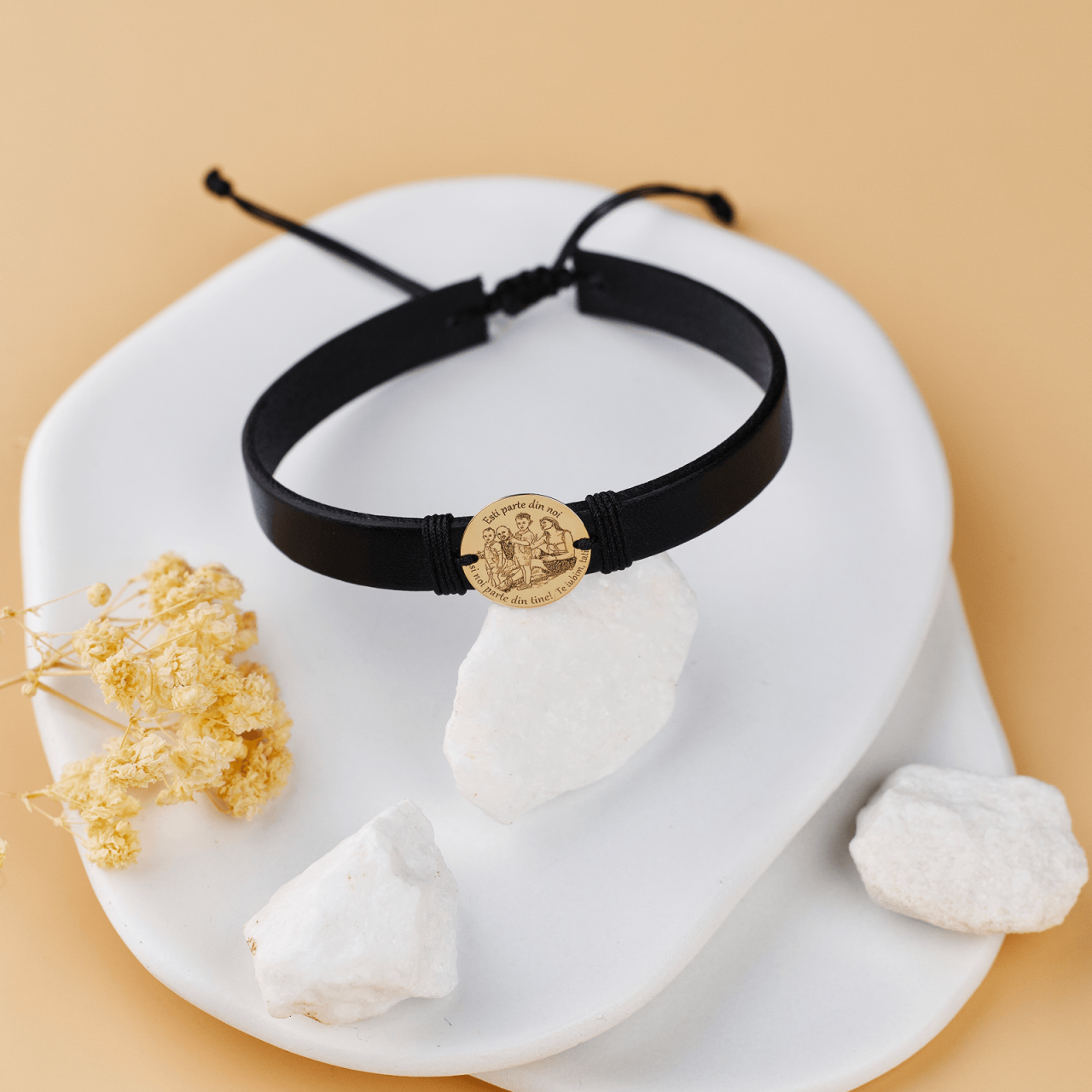 Bratara piele barbati cu banut Aur 14K Fotogravura si Mesaj Text - Banut Aur 14 / 16 mm [2]