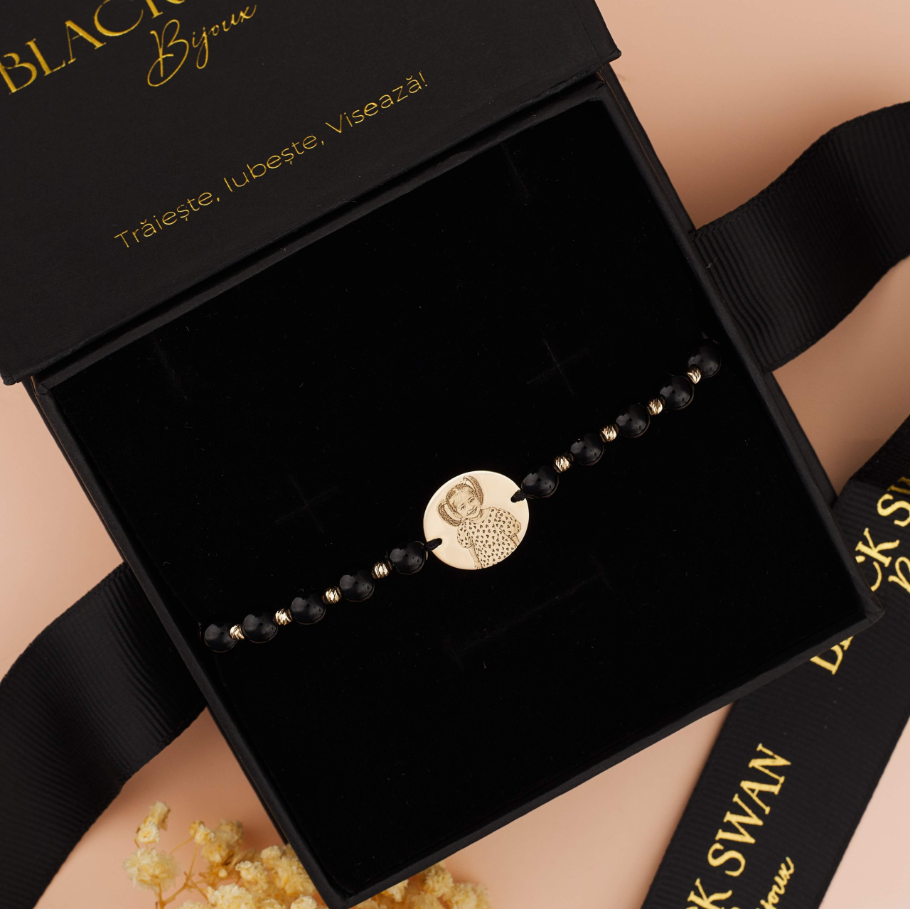 Bratara barbati cu bile bile negre onix si bilute din Aur 14K - Banut Aur 14K 16 mm cu Fotogravura [6]