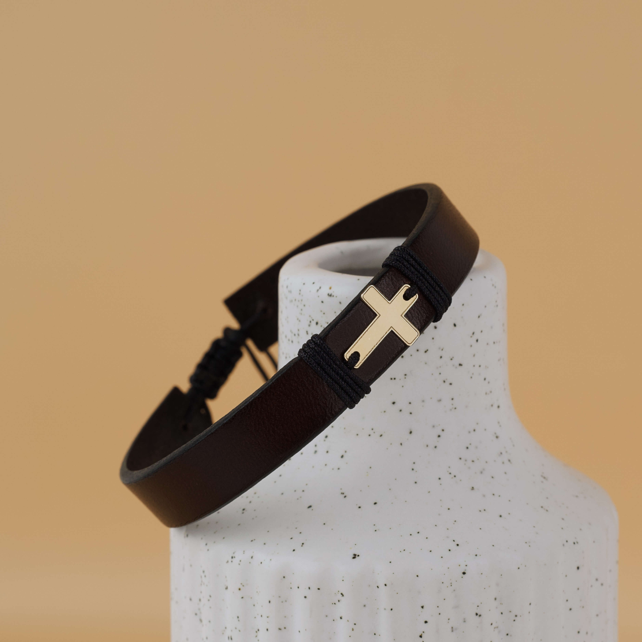 Bratara Barbati Piele Neagra / Maro si Cruciulita dir Aur 14K Gravabila [3]