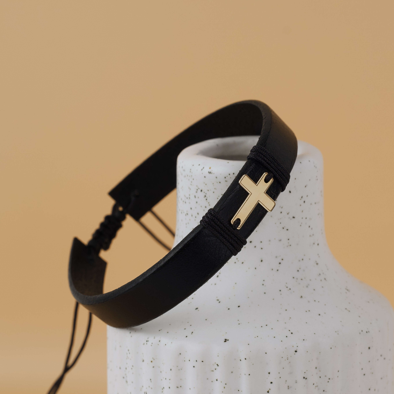 Bratara Barbati Piele Neagra / Maro si Cruciulita dir Aur 14K Gravabila [6]