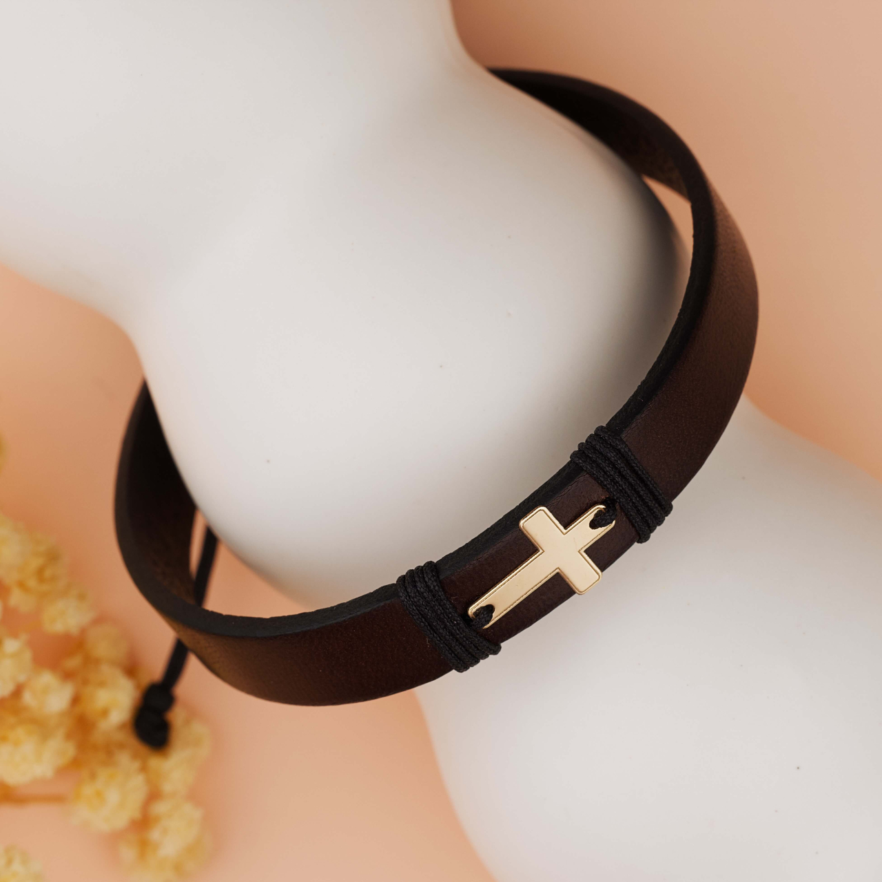 Bratara Barbati Piele Neagra / Maro si Cruciulita dir Aur 14K Gravabila [2]