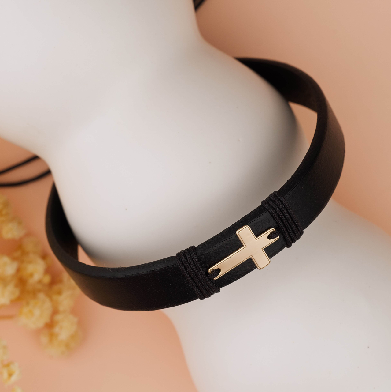 Bratara Barbati Piele Neagra / Maro si Cruciulita dir Aur 14K Gravabila [5]
