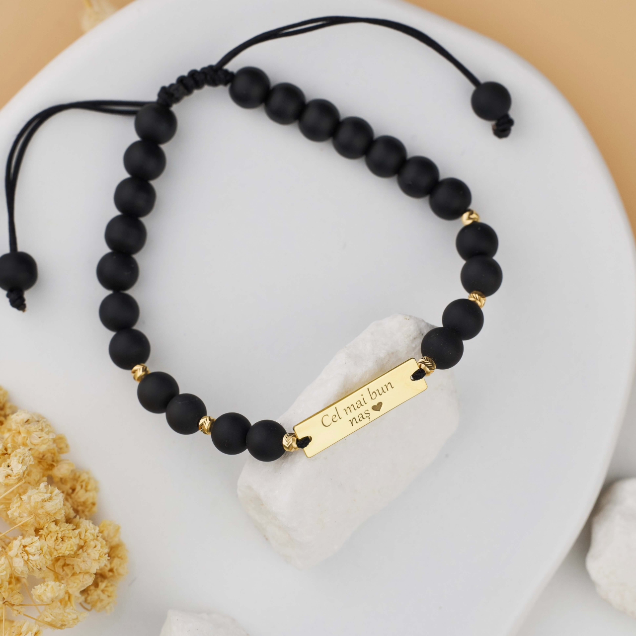 Set Cadou Premium pentru Nasi - Bratari Onyx cu placuta garavata din Argint 925 Placate cu Aur 14K [2]