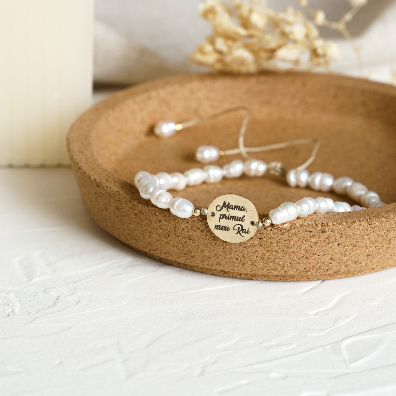 Bratara cu perle naturale si banut din aur 14k - Mesaj gravat pentru MAMA [2]