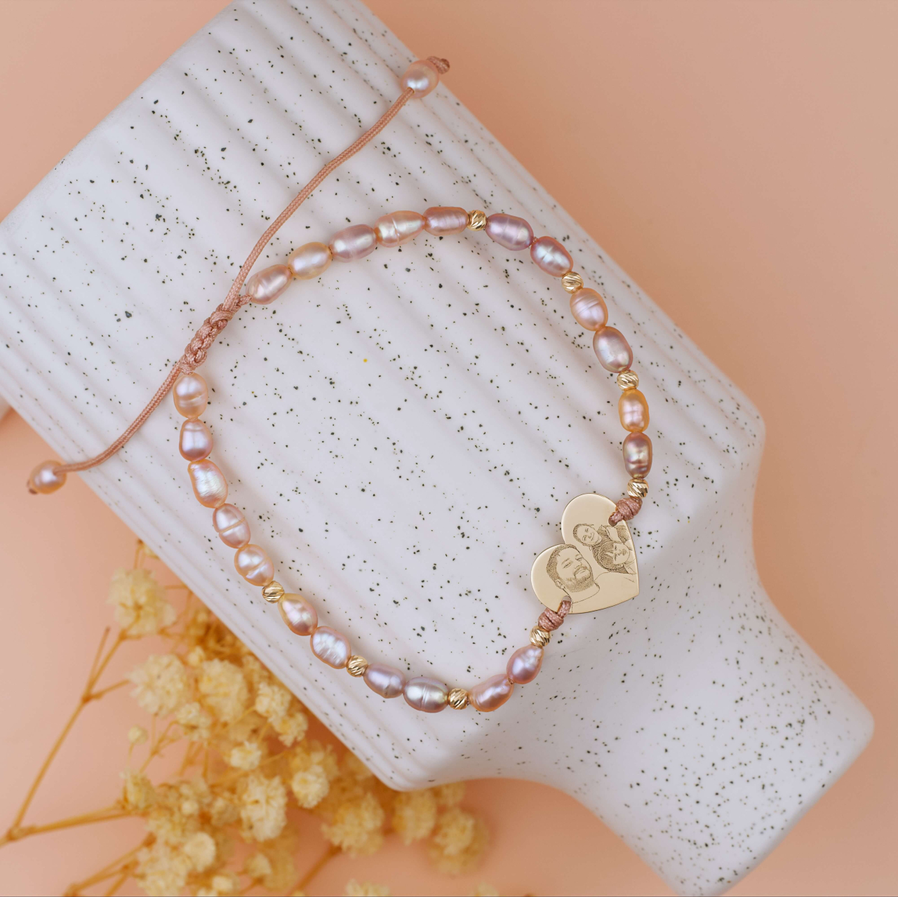 Bratara din aur personalizata cu poza fata-verso - Perle de cultura peach - Aur 14K [3]