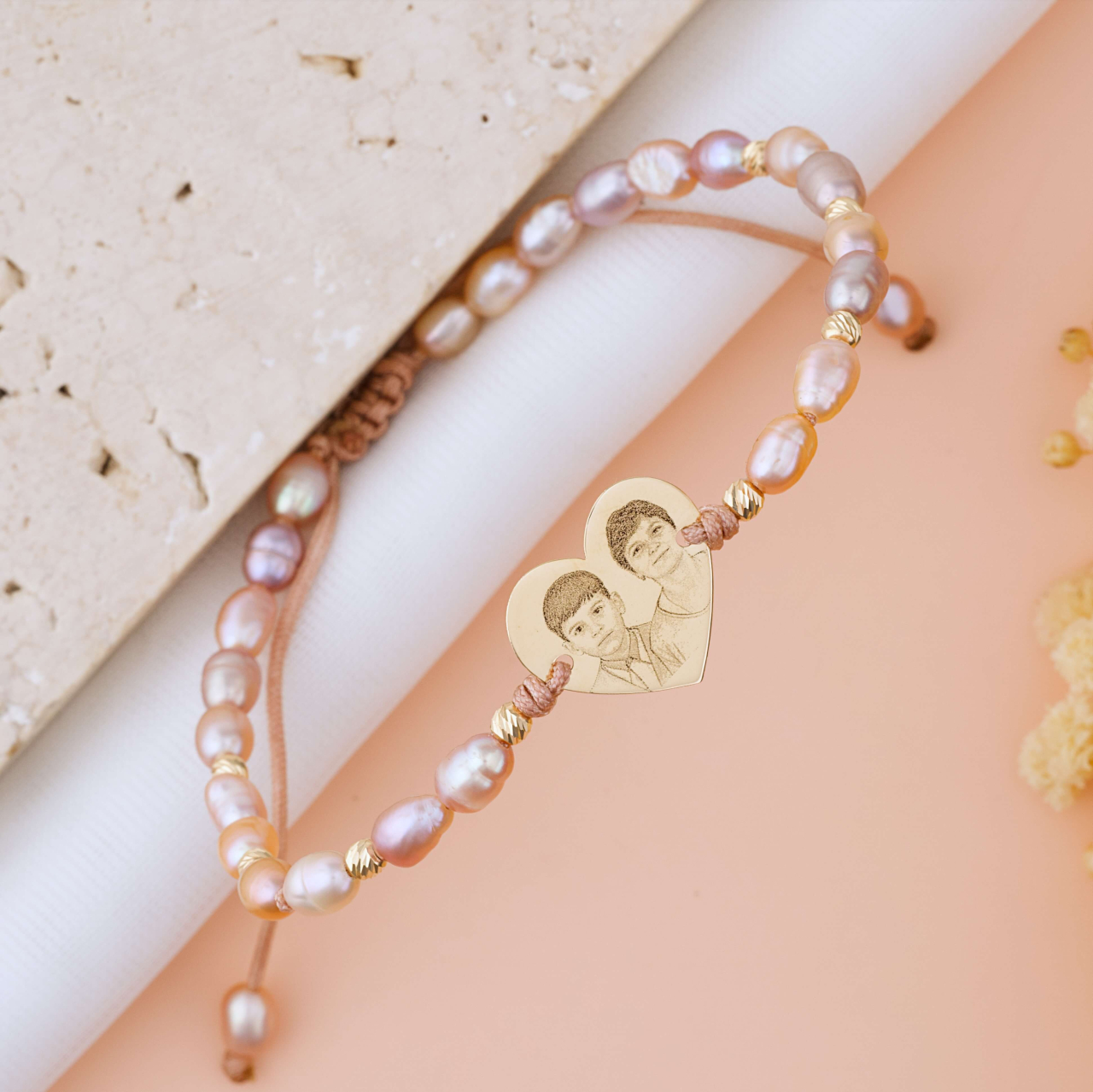 Bratara din aur personalizata cu poza fata-verso - Perle de cultura peach - Aur 14K [2]
