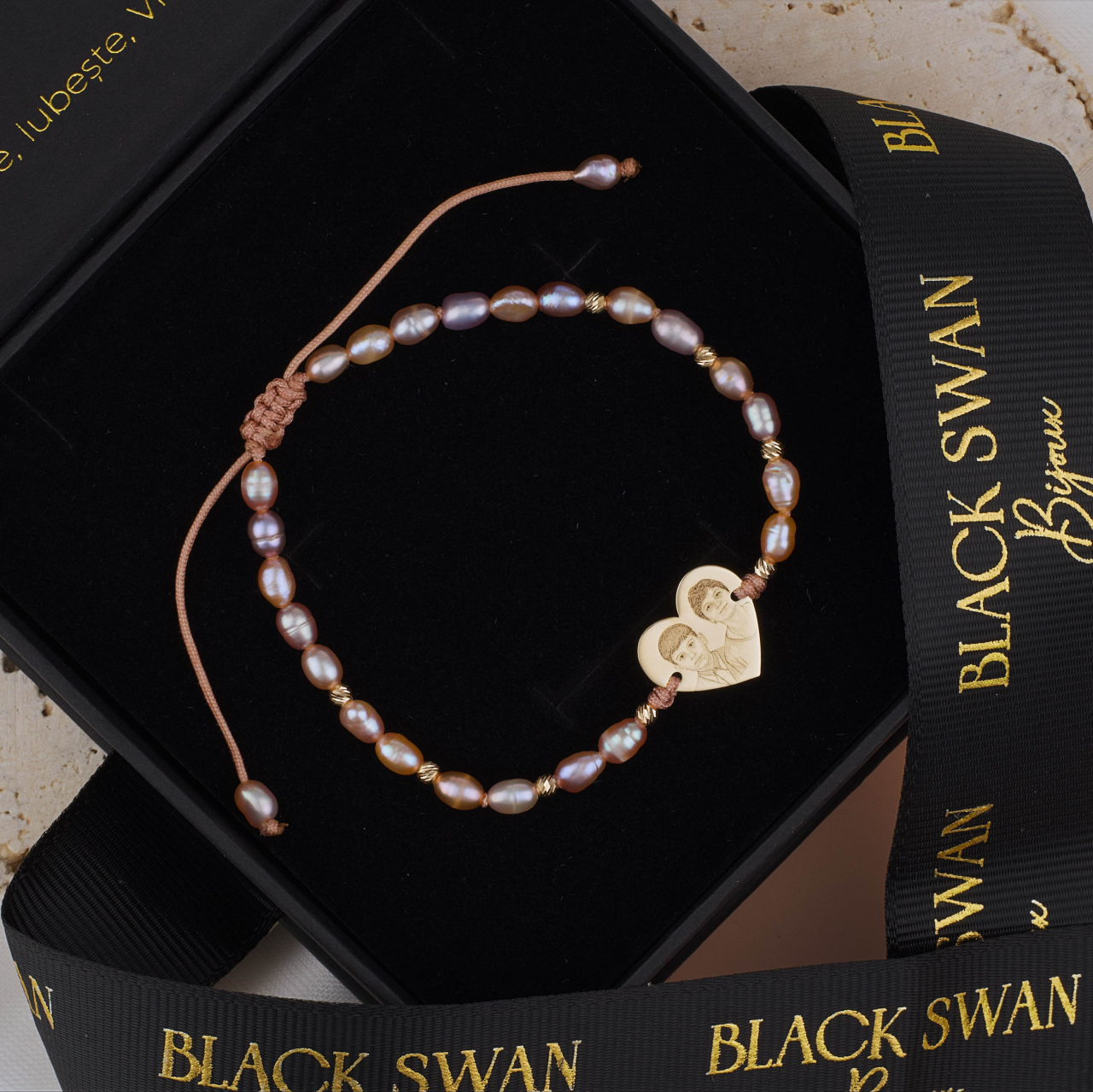 Bratara din aur personalizata cu poza fata-verso - Perle de cultura peach - Aur 14K [3]