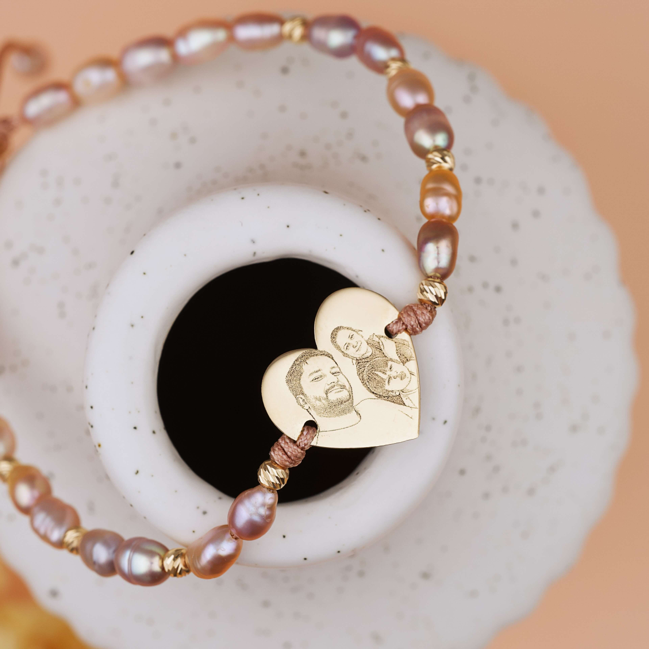 Bratara din aur personalizata cu poza fata-verso - Perle de cultura peach - Aur 14K [2]
