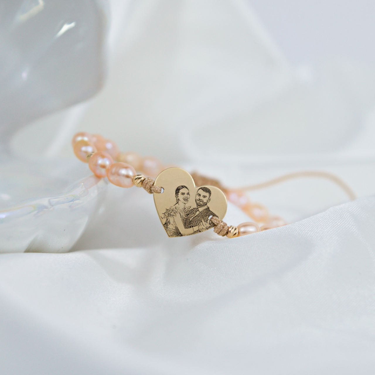 Bratara din aur personalizata cu poza fata-verso - Perle de cultura peach - Aur 14K [5]