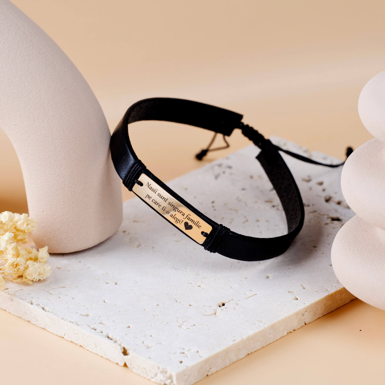 Bratara din piele barbati si aur - Placuta gravata din Aur 14k - Cadou pentru nasi [2]