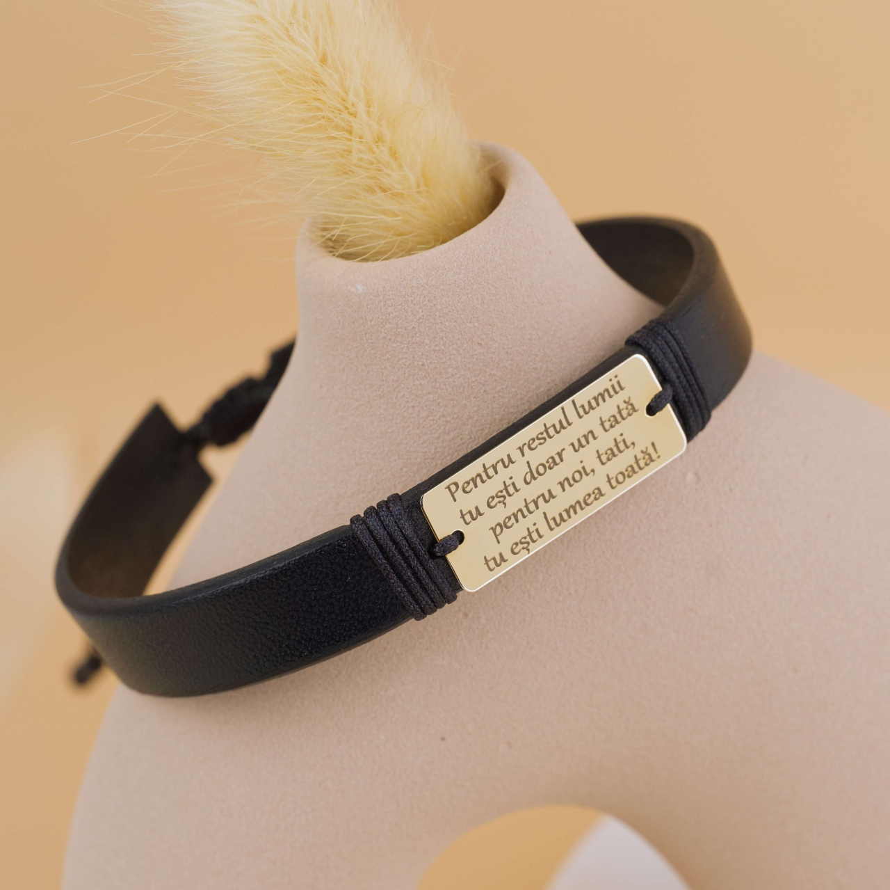 Bratara piele naturala  barbati si placuta din Aur 14K - Mesaj personalizat / Declaratie [2]