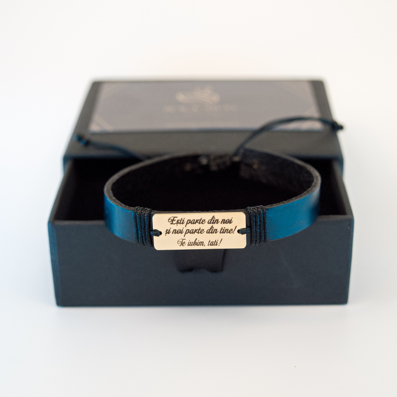 Bratara din piele pentru barbati si placuta din aur 14K 10x25 mm- mesaj gravat 'Te iubim tati' [2]