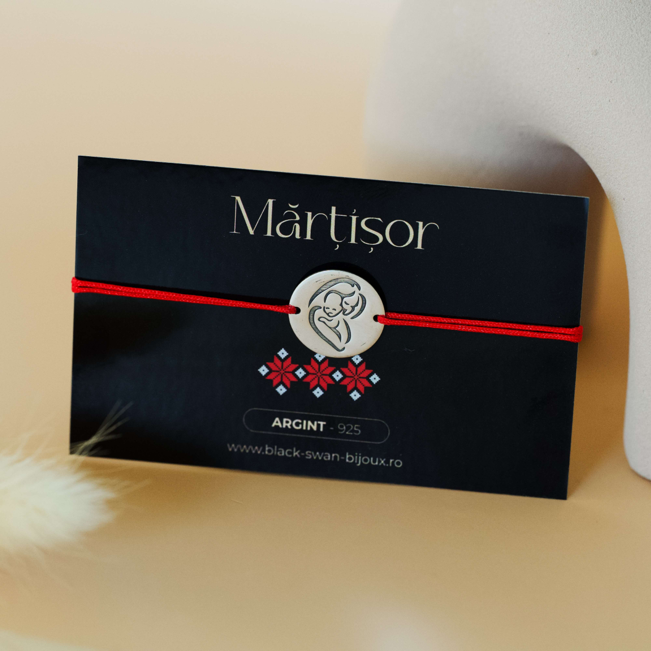 Bratara martisor cu snur rosu si banut 15mm din Argint 925  Mama si Bebe [2]