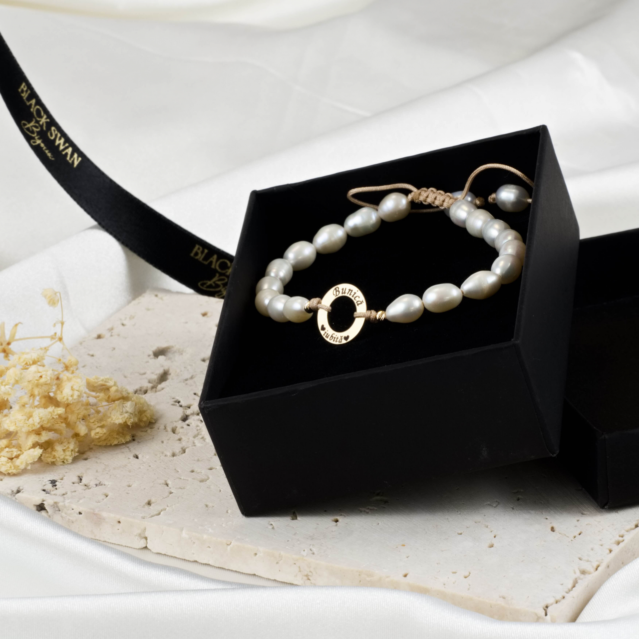 Bratara perle naturale reglabila si disc din aur 14K - mesaj gravat 'Bunica Iubita! [6]