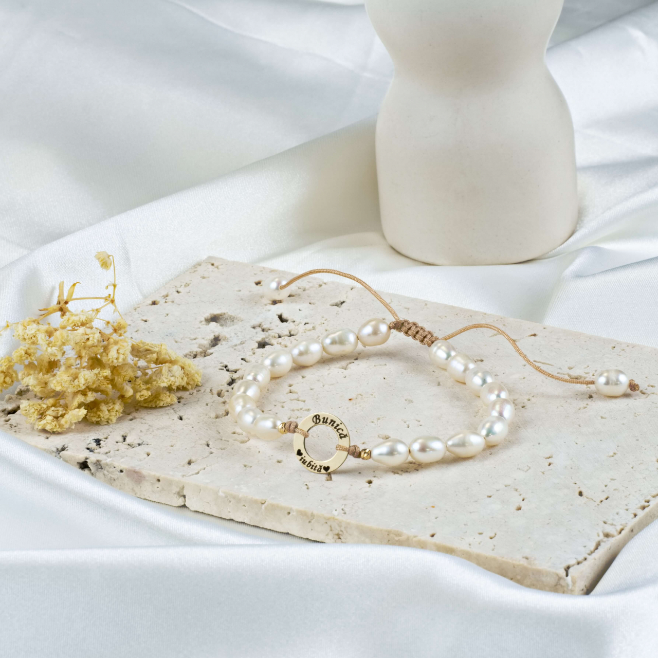 Bratara perle naturale reglabila si disc din aur 14K - mesaj gravat 'Bunica Iubita! [4]