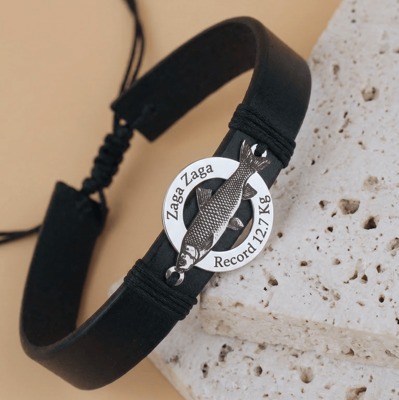 Bratara piele barbati cu banut Argint si Crap Ten Gravat - Cadou Pescari [2]