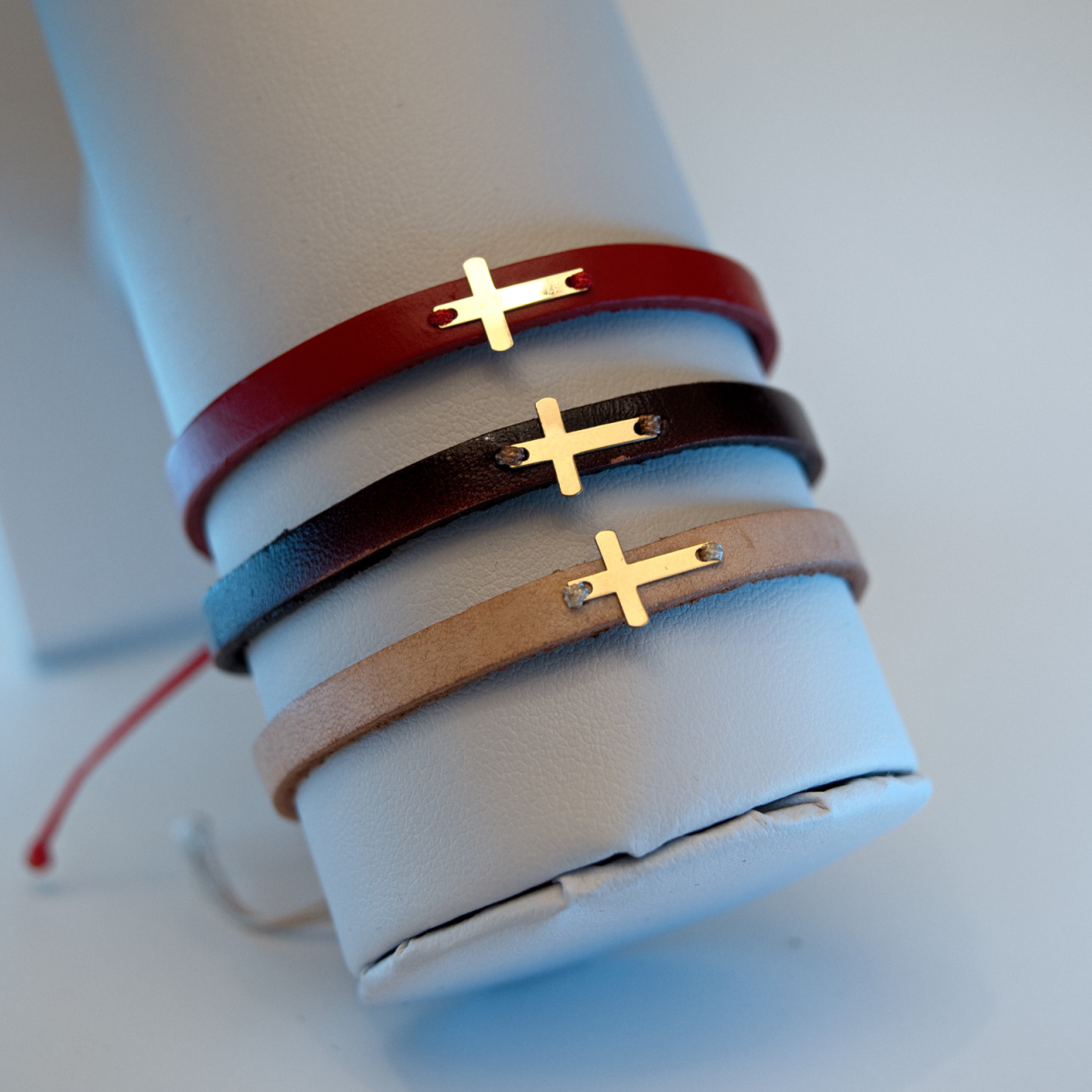 Bratara piele si cruciulita din aur 14K Unisex - Femei Barbati [6]