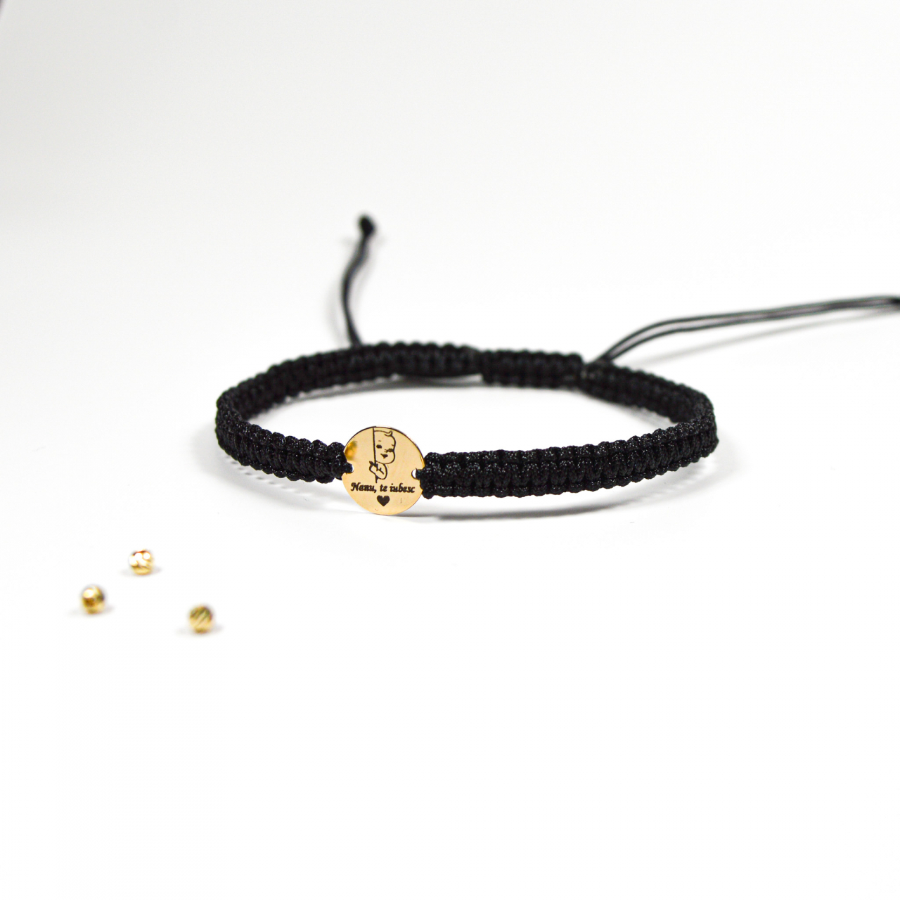 Bratara reglabila cu snur si banut din aur 12 mm 14k "Nanu, Te iubesc!" [3]