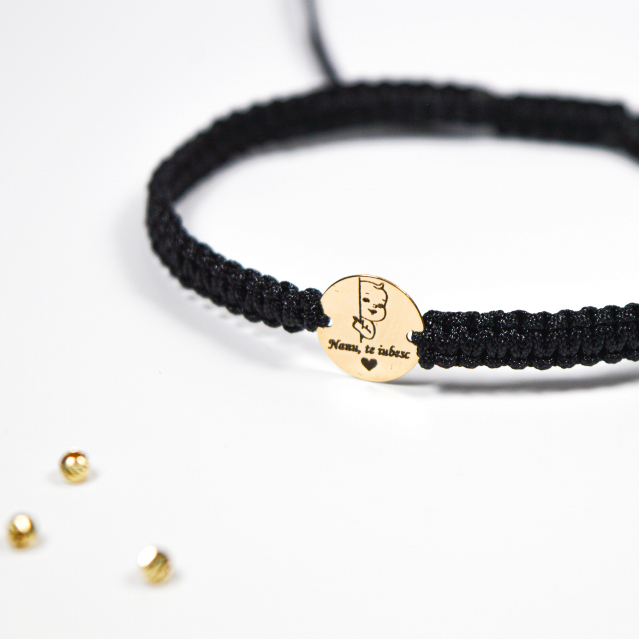 Bratara reglabila cu snur si banut din aur 12 mm 14k "Nanu, Te iubesc!" [2]