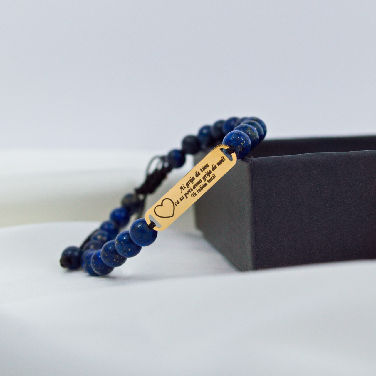 Bratara shamballa barbati placuta din aur 14K gravata 'Te iubim tati!'- margele lapiz lazuli [3]