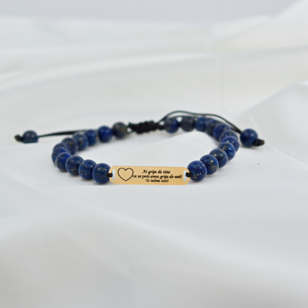 Bratara shamballa barbati placuta din aur 14K gravata 'Te iubim tati!'- margele lapiz lazuli [2]