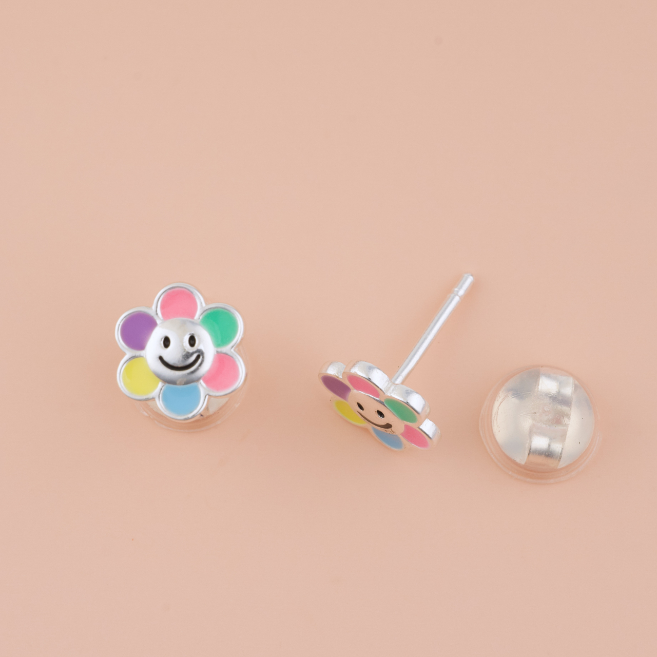 Cercei Premium Smiley / Floare din Argint 925 pentru fetite — Cheita cu Protectie Silicon Ureche [2]