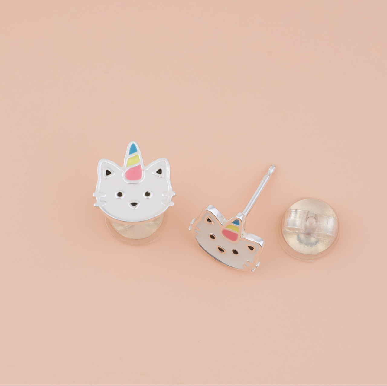 Cercei Premium Pisica Unicorn din Argint 925 pentru fetite — Cheita cu Protectie Silicon Ureche [2]